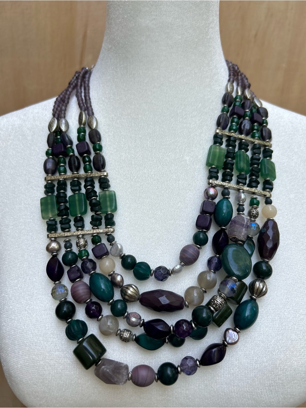 Chico's Multi-Strand Green & Purple Bead Necklace with Silver Accents